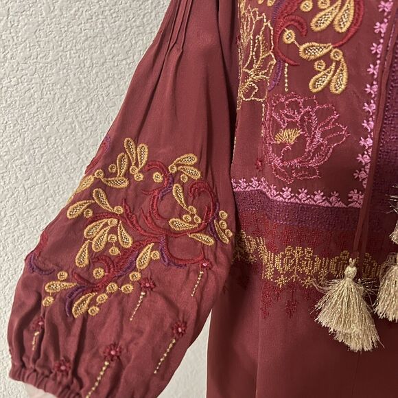 Johnny Was NEW Peyton Silk Blouse Long Slv Embroidered Sz S Tasseled Oversized - Picture 4 of 9